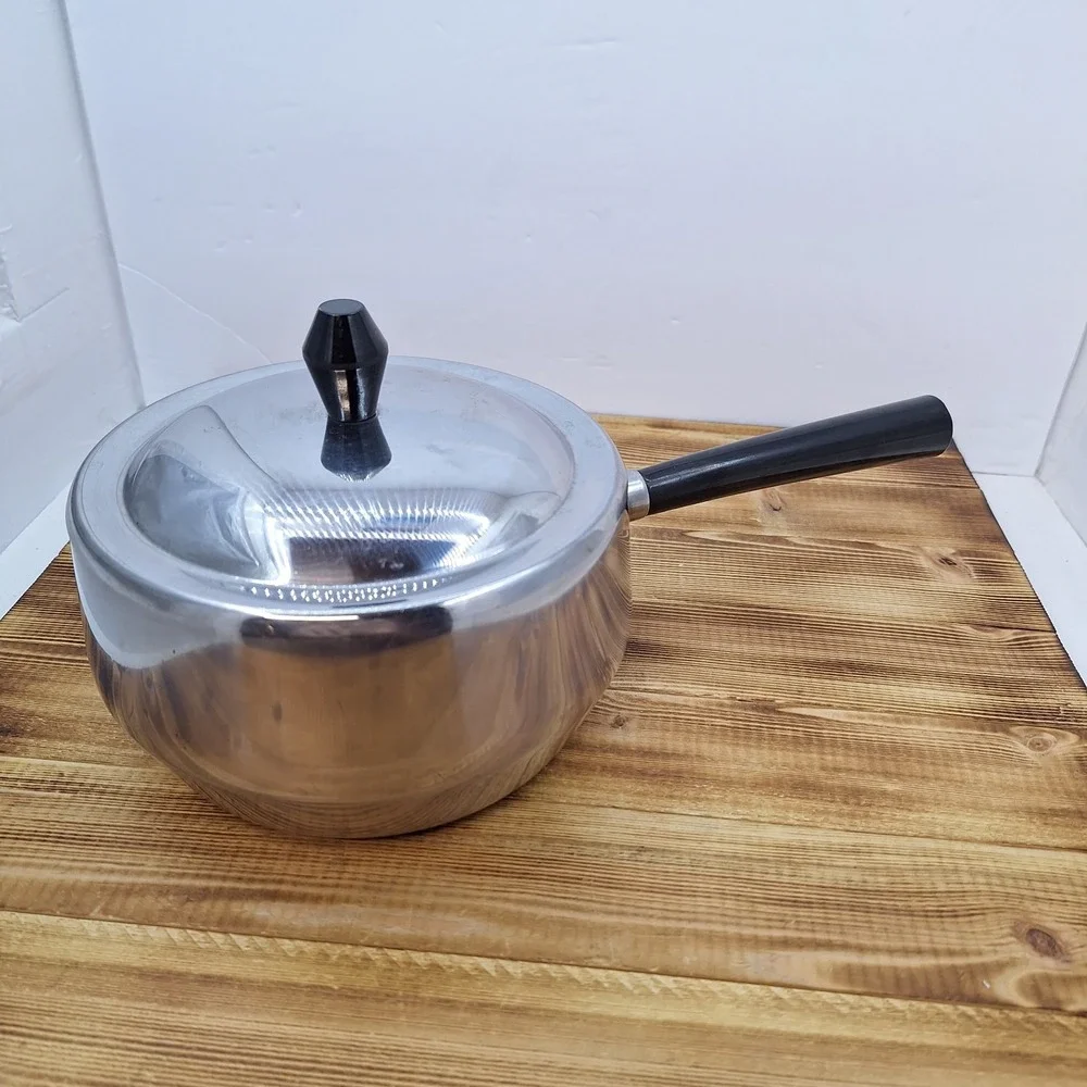 Vintage Japan Stainless Steel Fondue‎ Pot Black Handle w/lid